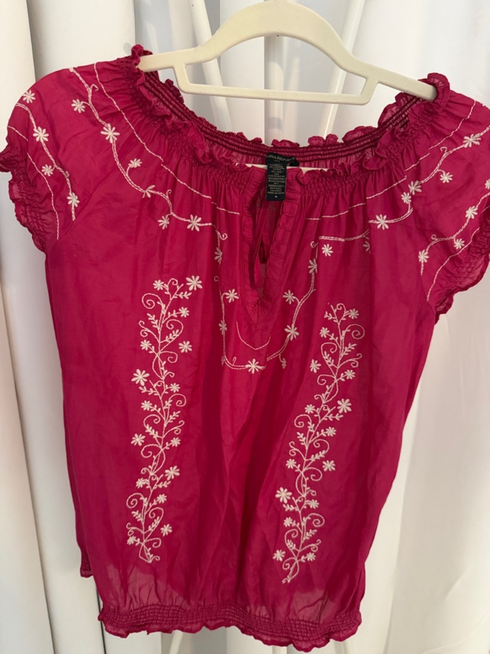 Banana Republic Hot Pink Embroidered Peasant Blouse